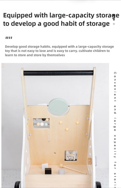 Wooden Baby Walker Cart - Anti Rollover & O-Shaped Leg Design, Adjustable Multifunctional Learning Walking Toy for Toddlers