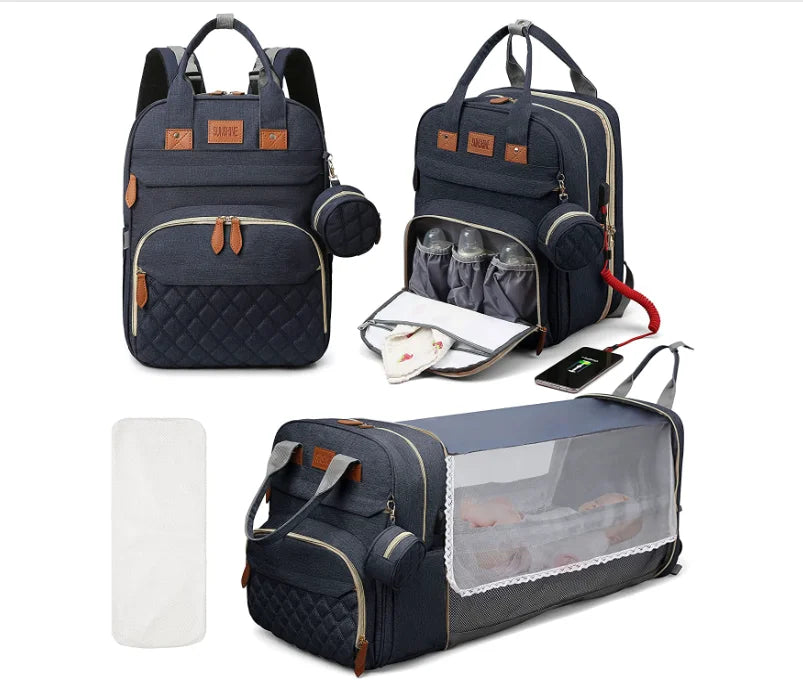 All-In-One 3-in-1 Diaper Bag Backpack with Foldable Baby Bed