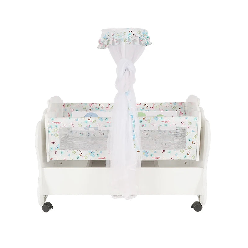 Classic White Wooden Baby Cot with Elephant Pattern, Storage Drawer & Net
