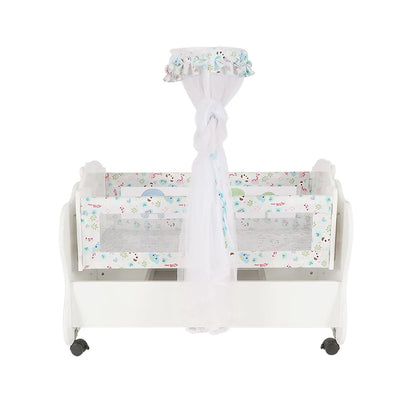 Classic White Wooden Baby Cot with Elephant Pattern, Storage Drawer & Net