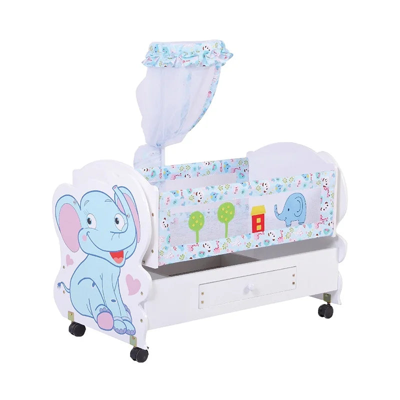 Classic White Wooden Baby Cot with Elephant Pattern, Storage Drawer & Net
