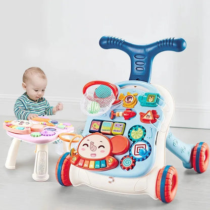 Three-in-One Early Education Baby Walker Stroller Steerable Anti-Tip Multifunctional Toddler Toy Car for Babies Learning to Walk