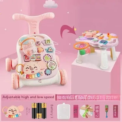 Three-in-One Early Education Baby Walker Stroller Steerable Anti-Tip Multifunctional Toddler Toy Car for Babies Learning to Walk