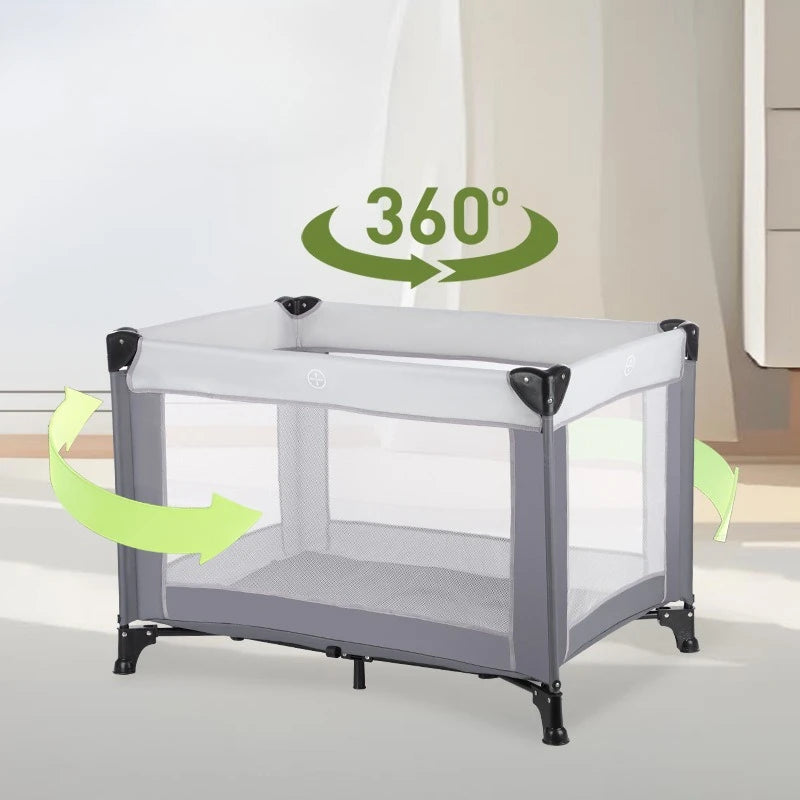 Portable Playpen Bed with Protective Fence, Foldable Safety Crib for Toddler, Multifunctional Baby Bed and Home Activity Center