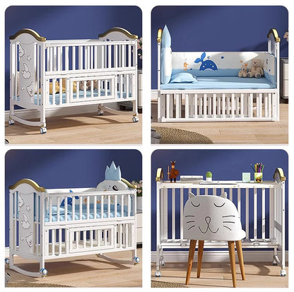 1.2m Convertible Wooden Baby Crib with Diaper Table & Mosquito Net