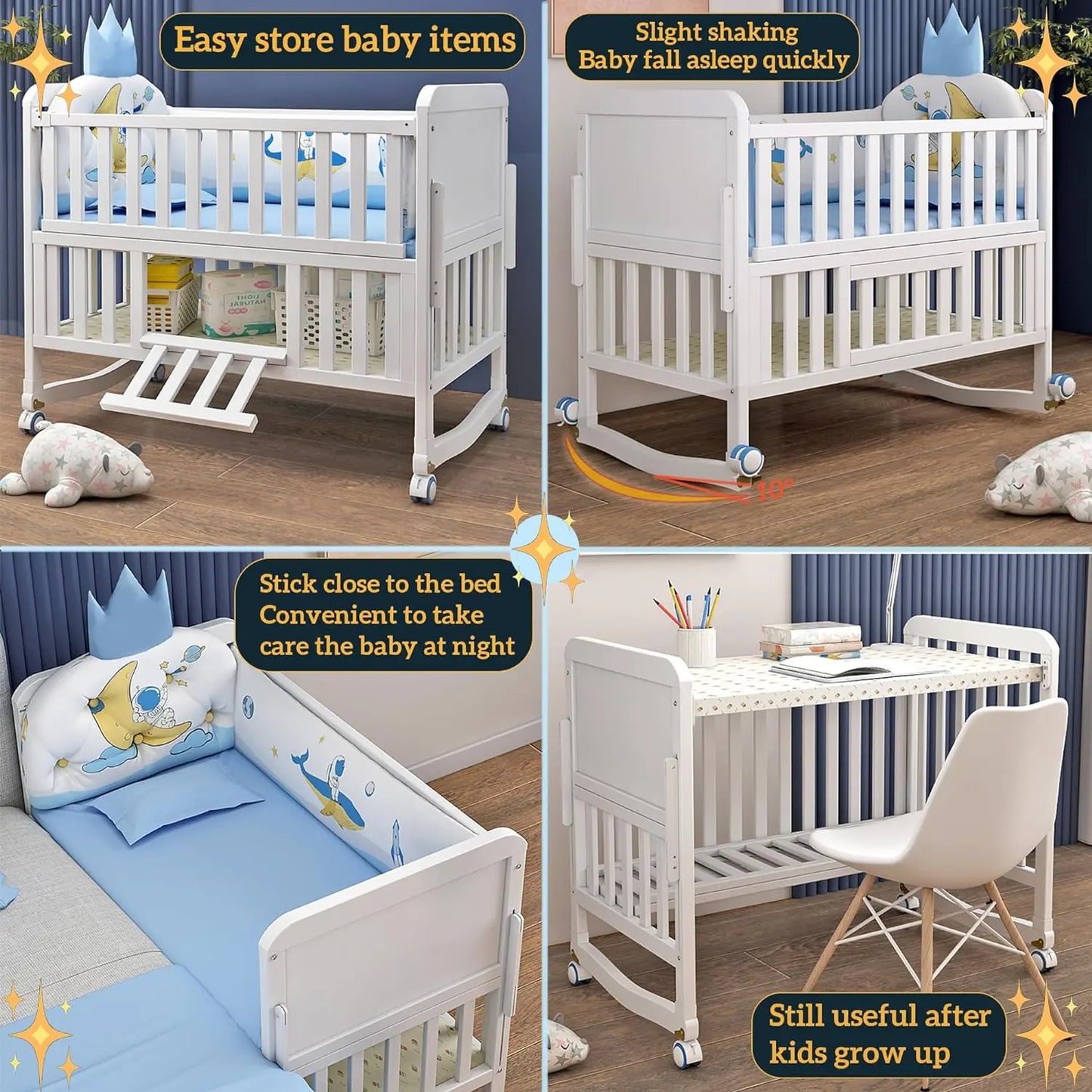 European Style 6-in-1 White Wooden Baby Crib