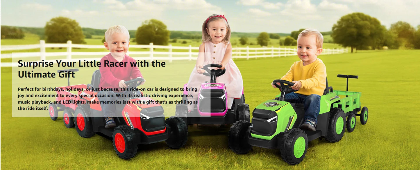 12V Kids Electric Tractor Ride-On with Detachable Trailer