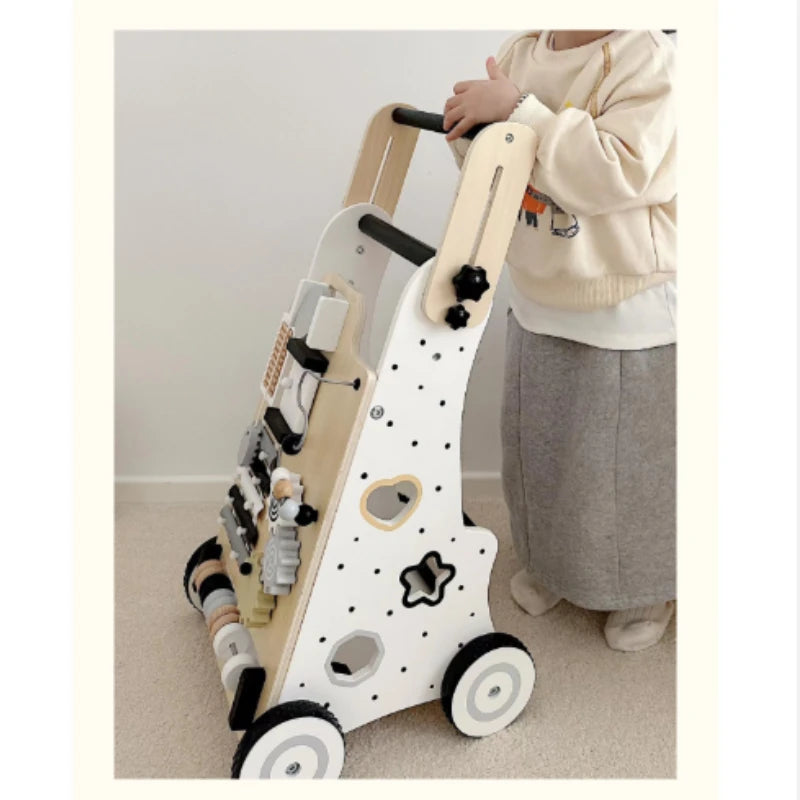 Wooden Baby Walker Cart - Anti Rollover & O-Shaped Leg Design, Adjustable Multifunctional Learning Walking Toy for Toddlers