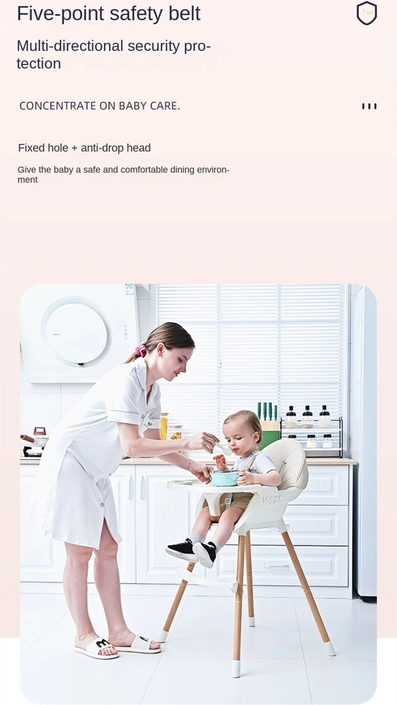 Convertible Baby High Chair, Highchair/Booster/Chair with Removable Tray, Adjustable Metal Legs, 5-Point Harness PU Cushion