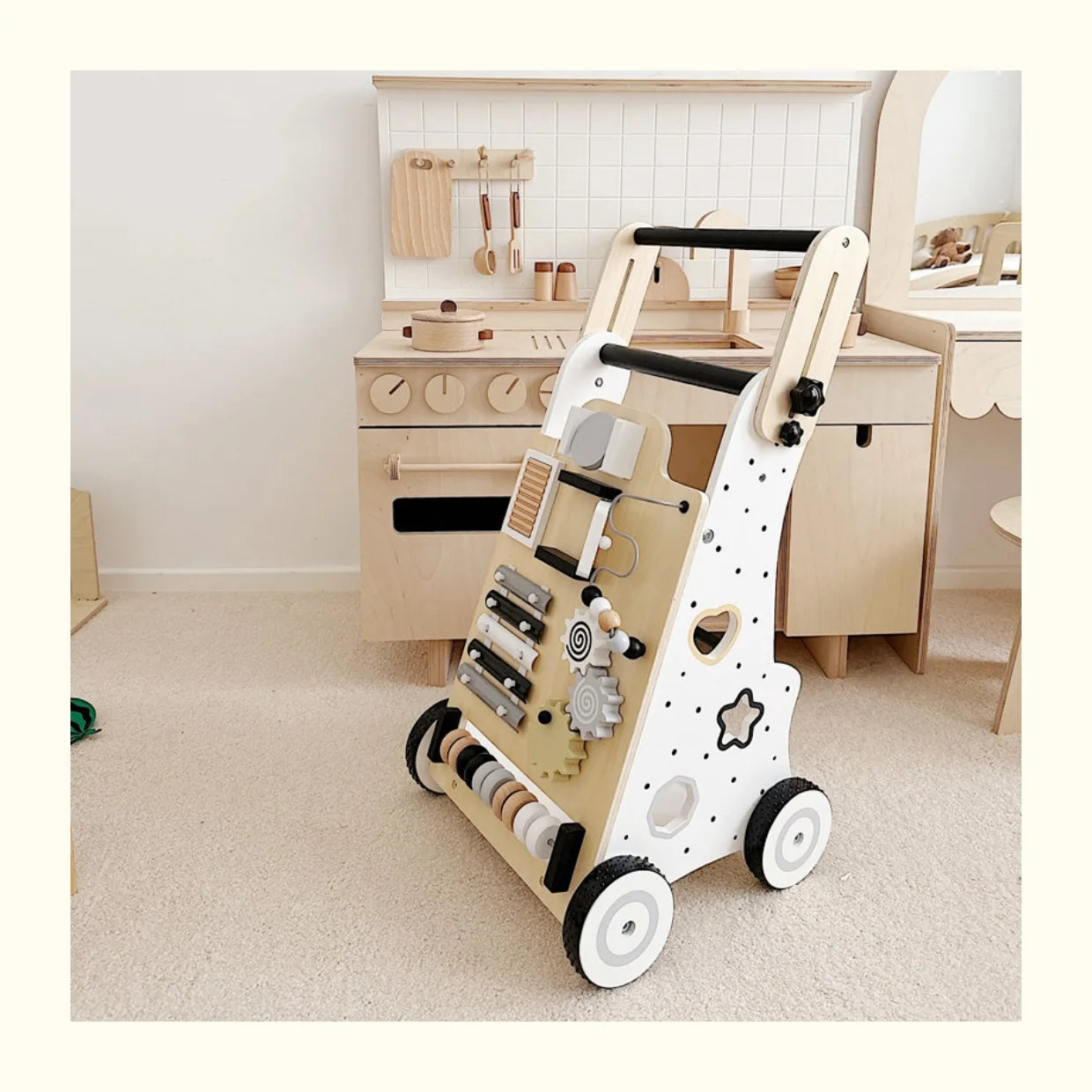 Wooden Baby Walker Cart - Anti Rollover & O-Shaped Leg Design, Adjustable Multifunctional Learning Walking Toy for Toddlers
