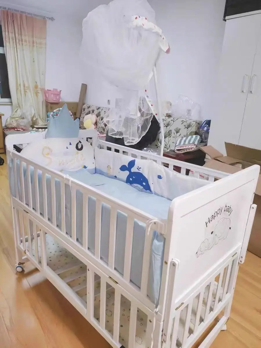 European Style 6-in-1 White Wooden Baby Crib