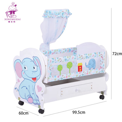 Classic White Wooden Baby Cot with Elephant Pattern, Storage Drawer & Net