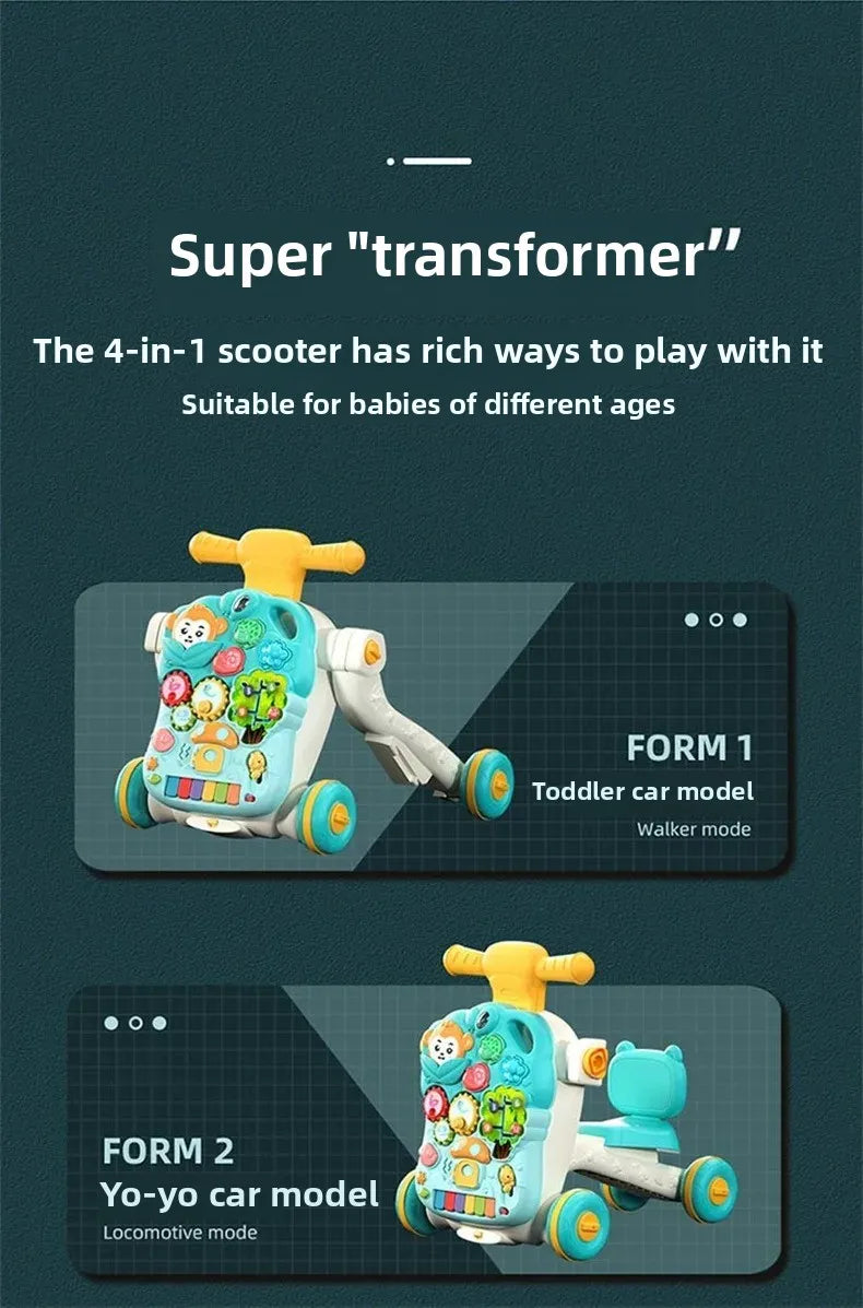 Three-in-One Early Education Baby Walker Stroller Steerable Anti-Tip Multifunctional Toddler Toy Car for Babies Learning to Walk