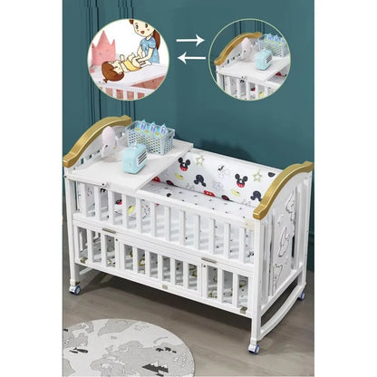 1.2m Convertible Wooden Baby Crib with Diaper Table & Mosquito Net