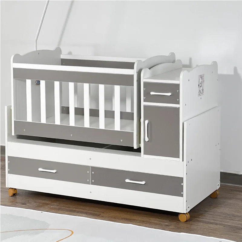 Modern Solid Pine Convertible Baby Crib with Storage Drawers