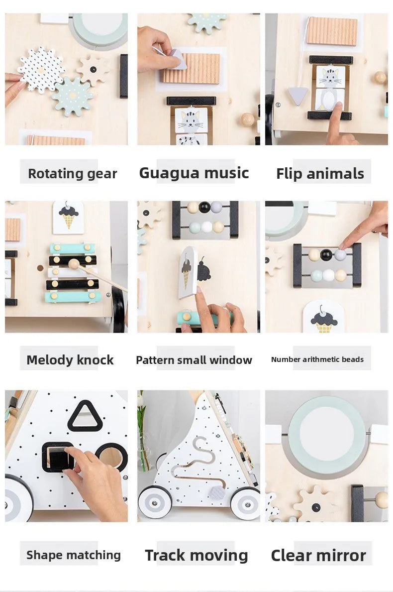 Wooden Baby Walker Cart - Anti Rollover & O-Shaped Leg Design, Adjustable Multifunctional Learning Walking Toy for Toddlers