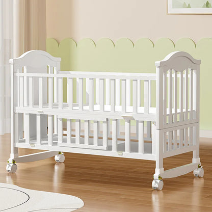Solid Wood Baby Crib – European Style Movable Newborn Cradle