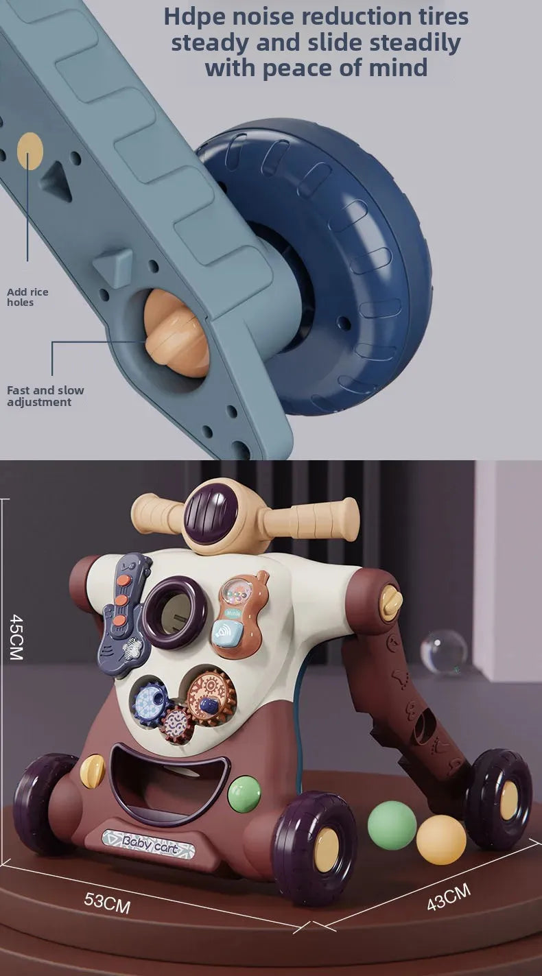 Three-in-One Early Education Baby Walker Stroller Steerable Anti-Tip Multifunctional Toddler Toy Car for Babies Learning to Walk