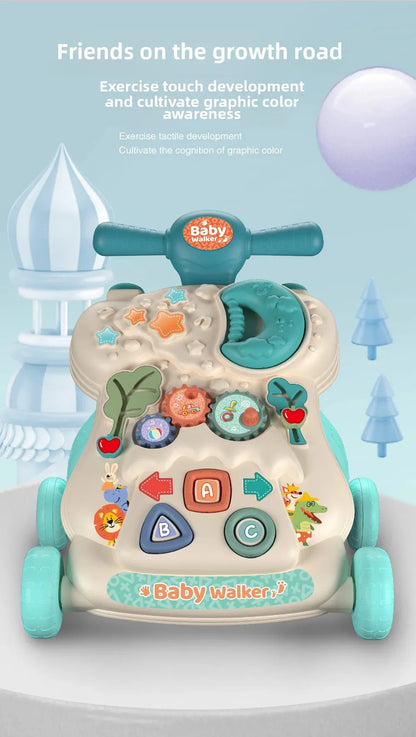 Three-in-One Early Education Baby Walker Stroller Steerable Anti-Tip Multifunctional Toddler Toy Car for Babies Learning to Walk