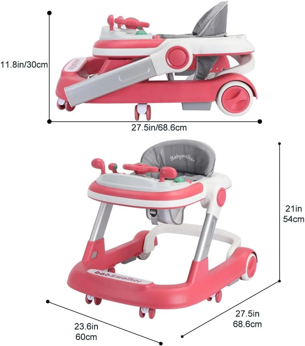 2 in 1 Baby Walker, Toddler Baby Push Walker with Removable Feeding Tray and Music Tray(Without Battery), Foldable Walker