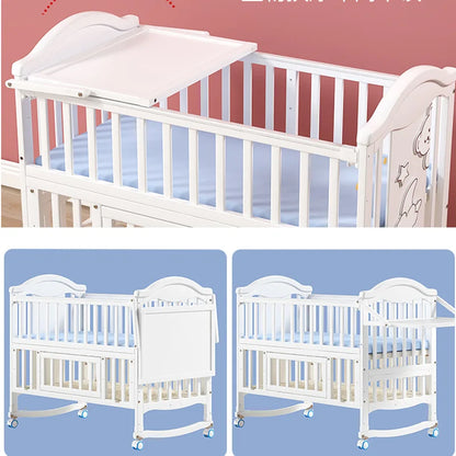1.2m Convertible Wooden Baby Crib with Diaper Table & Mosquito Net
