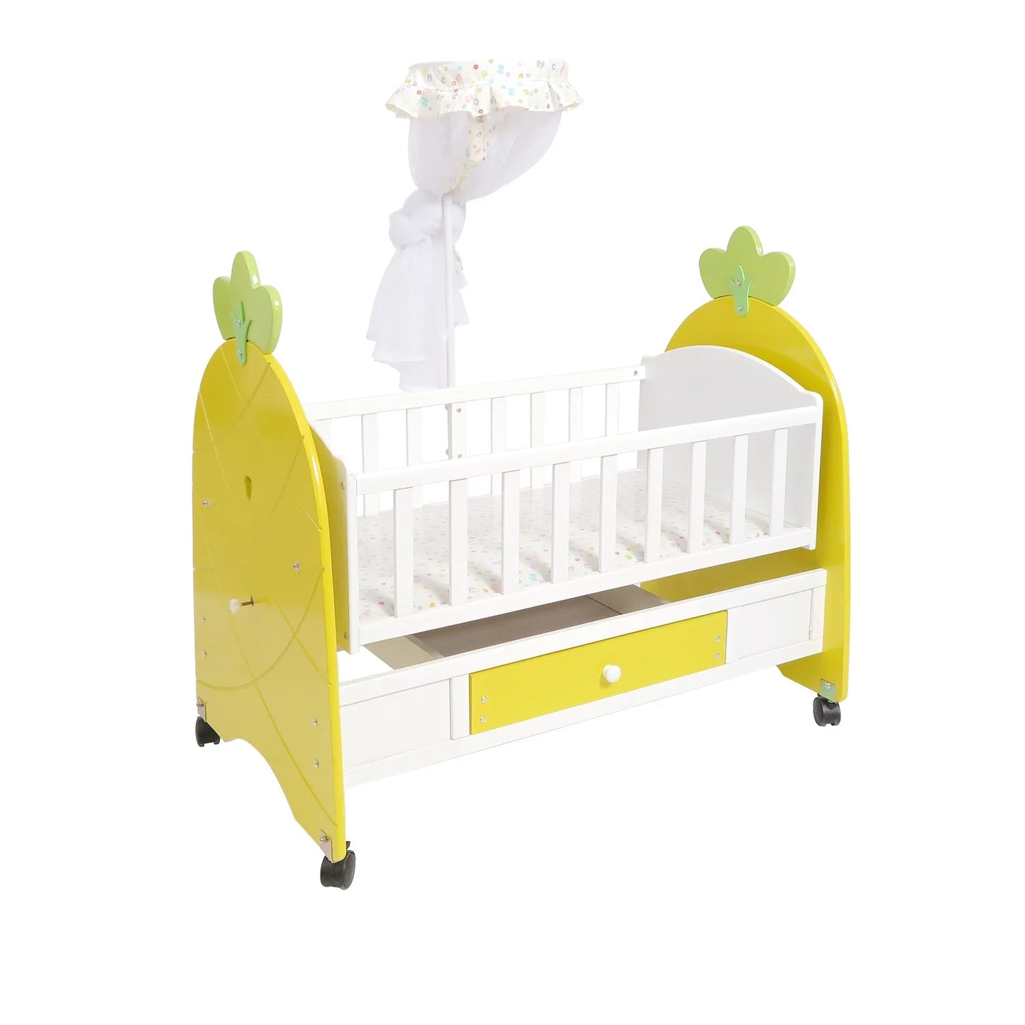 Classic White Wooden Baby Cot with Elephant Pattern, Storage Drawer & Net
