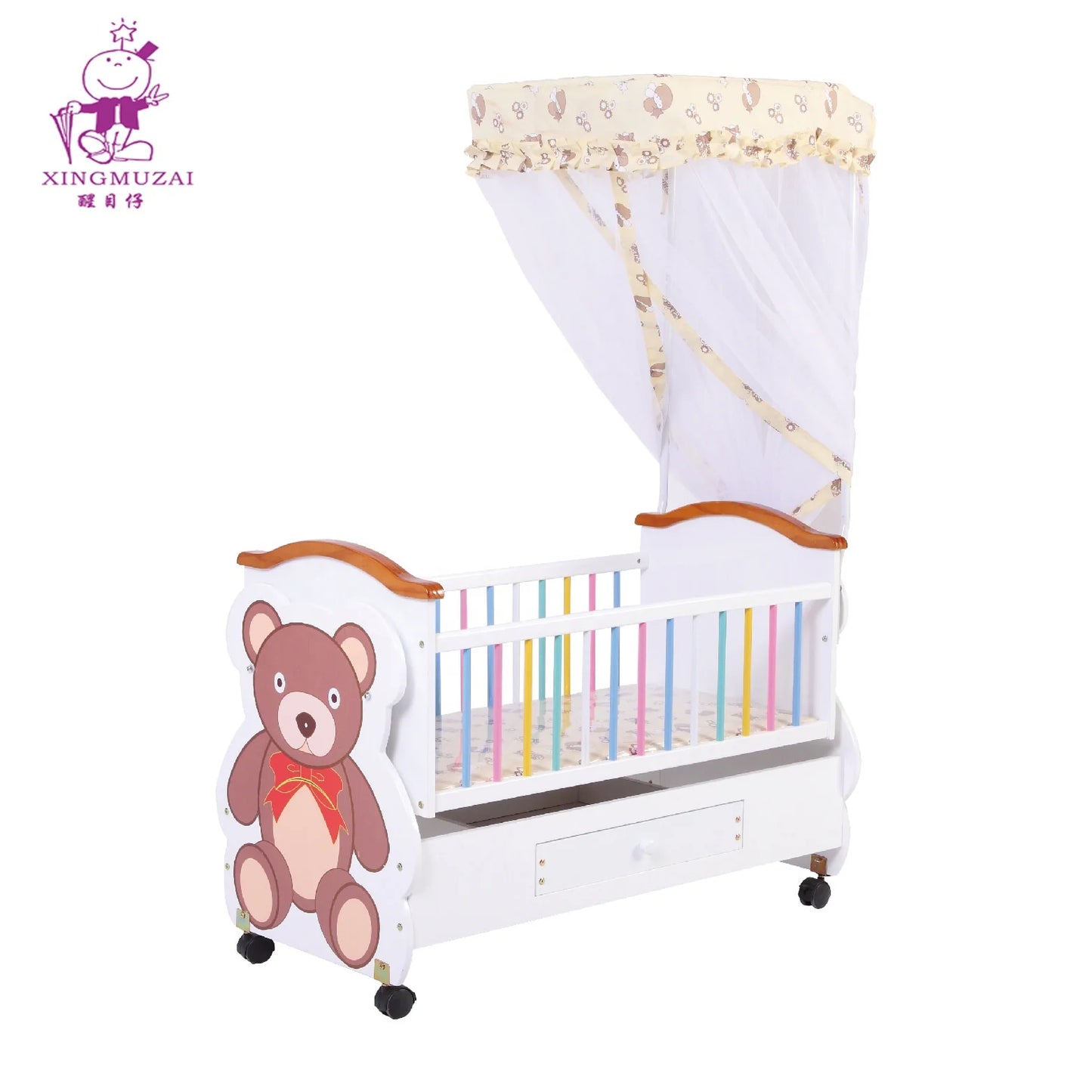Classic White Wooden Baby Cot with Elephant Pattern, Storage Drawer & Net