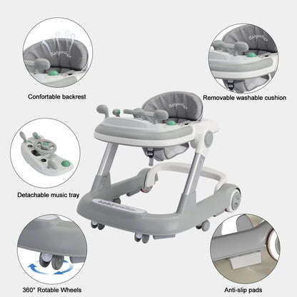 2 in 1 Baby Walker, Toddler Baby Push Walker with Removable Feeding Tray and Music Tray(Without Battery), Foldable Walker