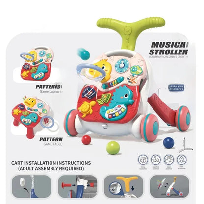 Three-in-One Early Education Baby Walker Stroller Steerable Anti-Tip Multifunctional Toddler Toy Car for Babies Learning to Walk