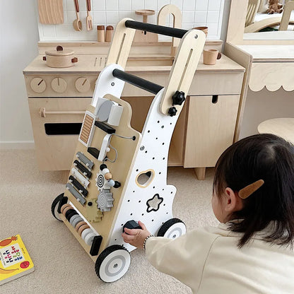 Wooden Baby Walker Cart - Anti Rollover & O-Shaped Leg Design, Adjustable Multifunctional Learning Walking Toy for Toddlers