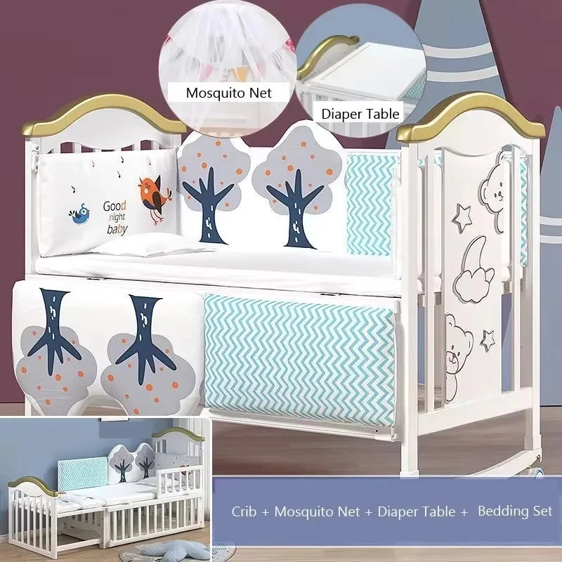 1.2m Convertible Wooden Baby Crib with Diaper Table & Mosquito Net