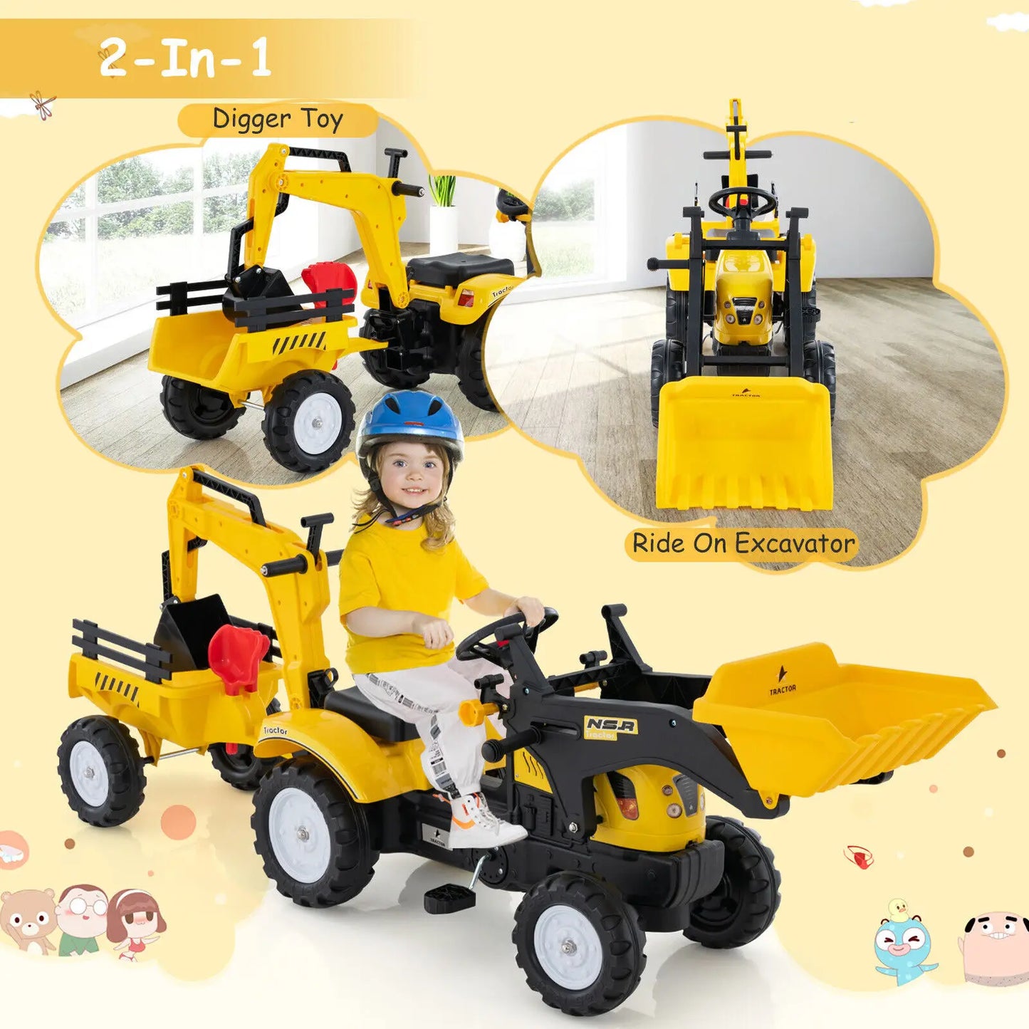 BabyBlush 3-in-1 Kids Ride-On Excavator Tractor with Trailer