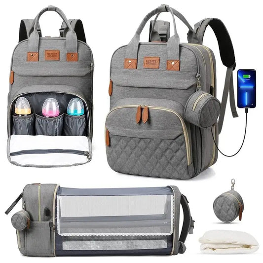 All-In-One 3-in-1 Diaper Bag Backpack with Foldable Baby Bed