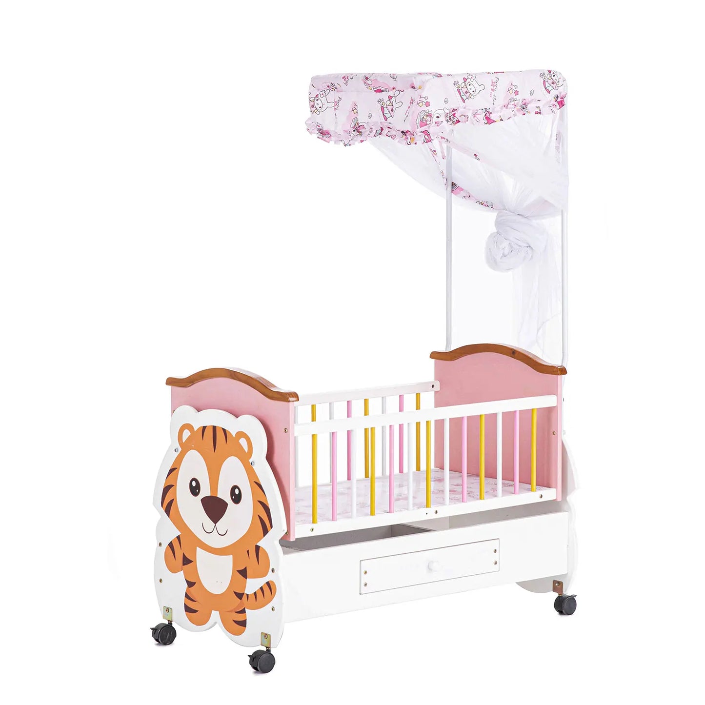 Classic White Wooden Baby Cot with Elephant Pattern, Storage Drawer & Net