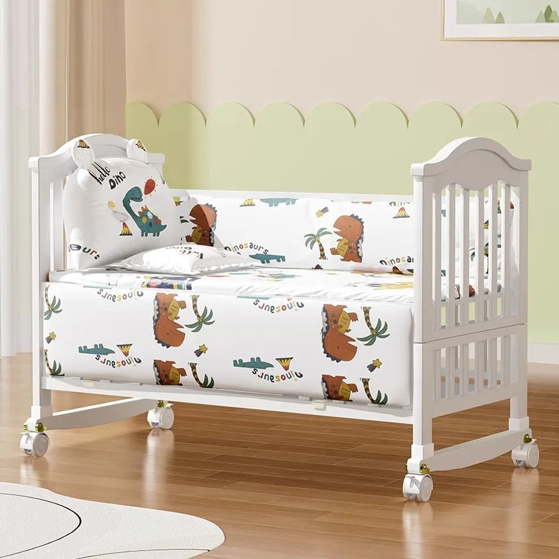 Solid Wood Baby Crib – European Style Movable Newborn Cradle