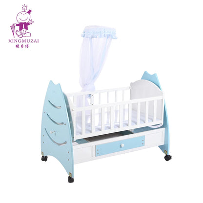 Classic White Wooden Baby Cot with Elephant Pattern, Storage Drawer & Net