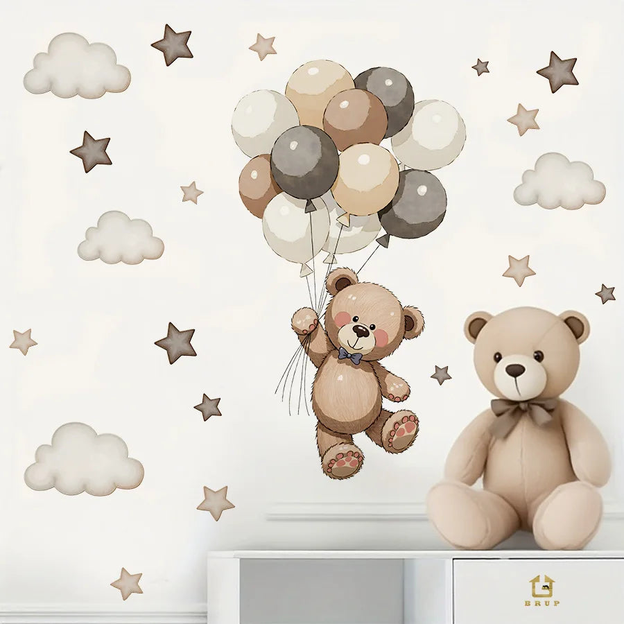 Adorable Teddy Bear Wall Decals Removable Decor With Balloons Stars & Clouds For Kids’ Bedroom Playroom Baby Nursery