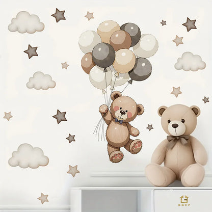 Adorable Teddy Bear Wall Decals Removable Decor With Balloons Stars & Clouds For Kids’ Bedroom Playroom Baby Nursery