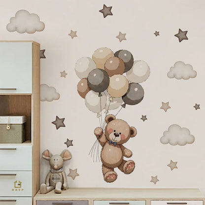 Adorable Teddy Bear Wall Decals Removable Decor With Balloons Stars & Clouds For Kids’ Bedroom Playroom Baby Nursery