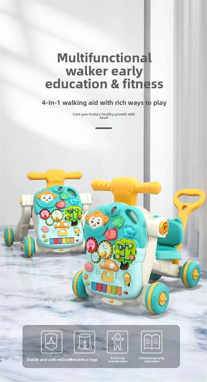 Three-in-One Early Education Baby Walker Stroller Steerable Anti-Tip Multifunctional Toddler Toy Car for Babies Learning to Walk