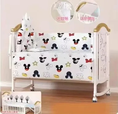 1.2m Convertible Wooden Baby Crib with Diaper Table & Mosquito Net