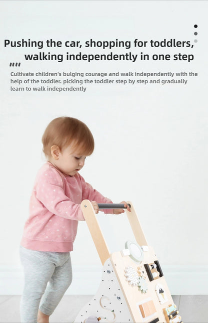Wooden Baby Walker Cart - Anti Rollover & O-Shaped Leg Design, Adjustable Multifunctional Learning Walking Toy for Toddlers