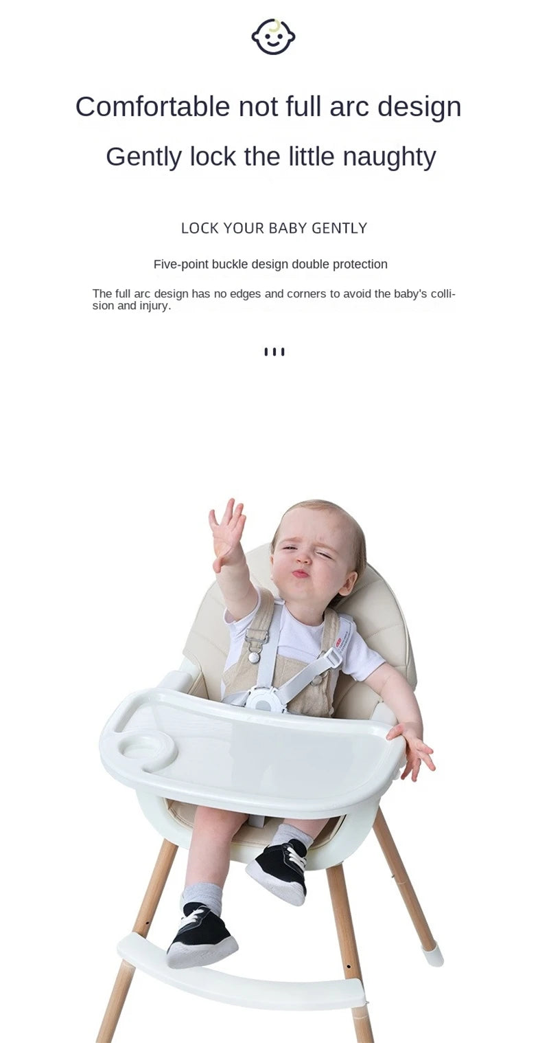 Convertible Baby High Chair, Highchair/Booster/Chair with Removable Tray, Adjustable Metal Legs, 5-Point Harness PU Cushion