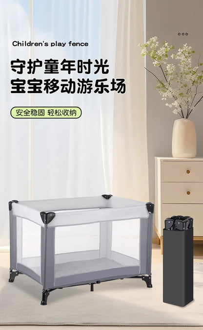 Portable Playpen Bed with Protective Fence, Foldable Safety Crib for Toddler, Multifunctional Baby Bed and Home Activity Center