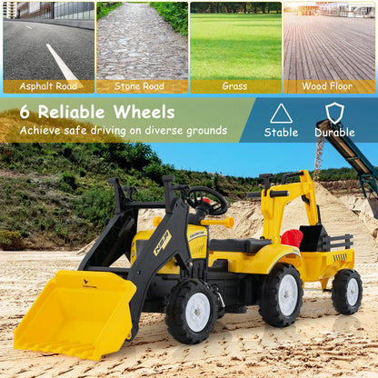 BabyBlush 3-in-1 Kids Ride-On Excavator Tractor with Trailer