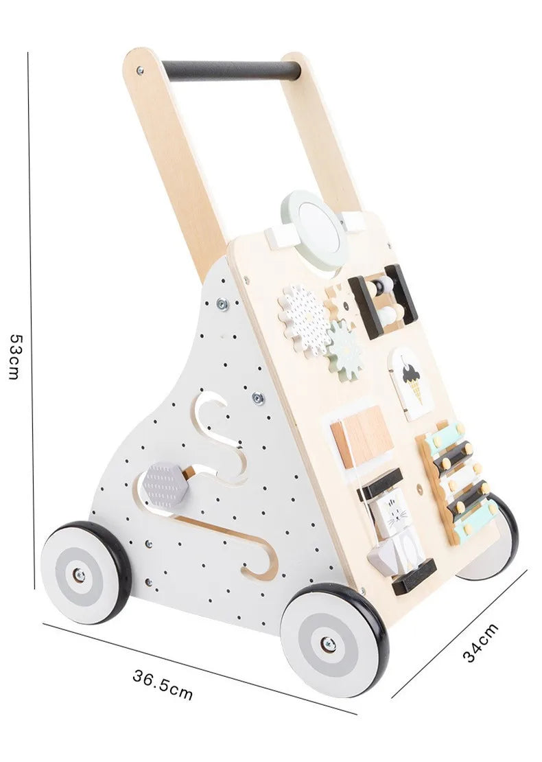 Wooden Baby Walker Cart - Anti Rollover & O-Shaped Leg Design, Adjustable Multifunctional Learning Walking Toy for Toddlers