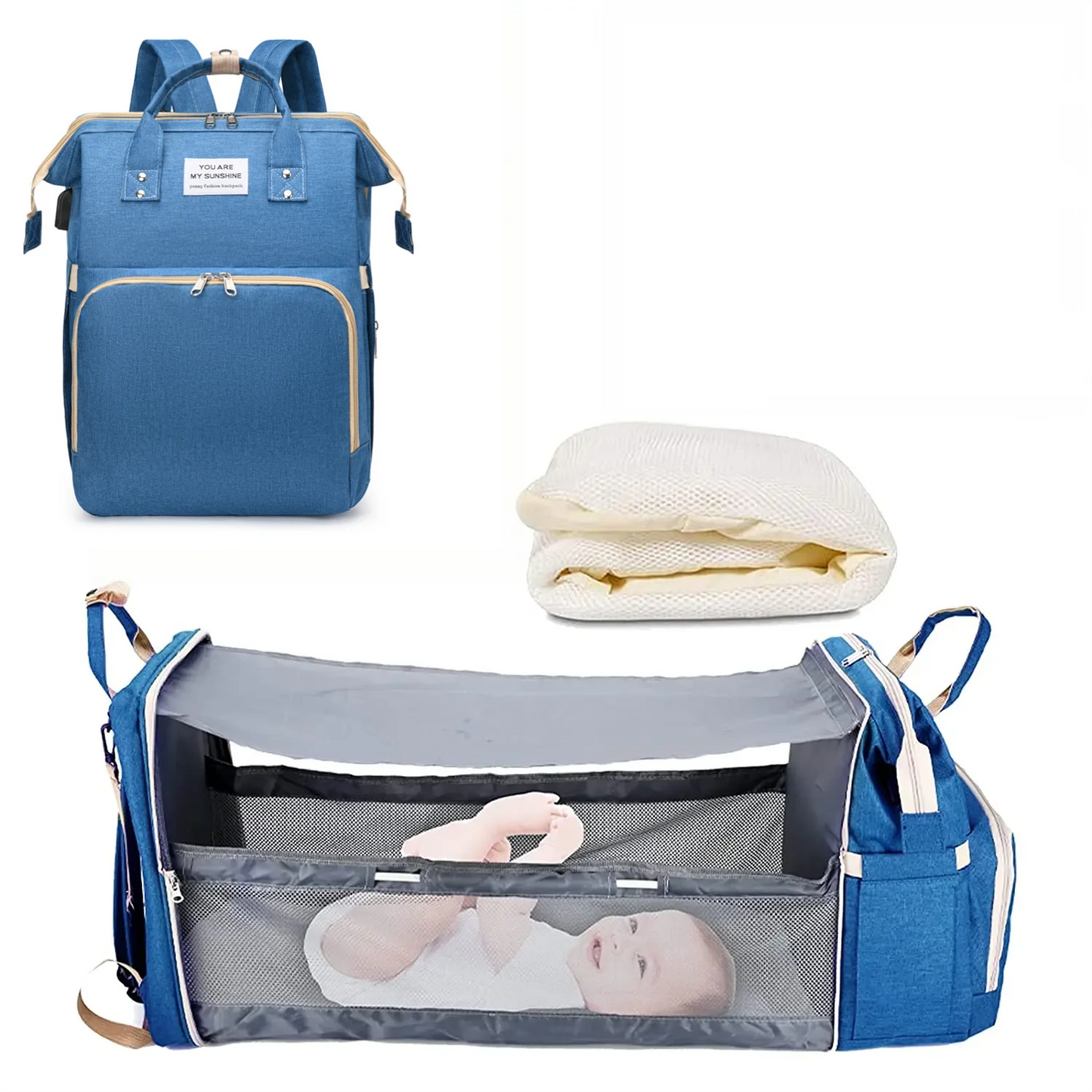 All-In-One 3-in-1 Diaper Bag Backpack with Foldable Baby Bed