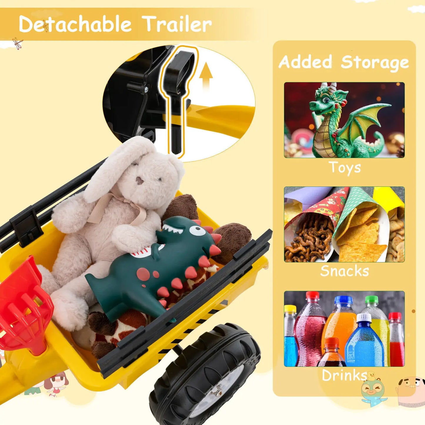 BabyBlush 3-in-1 Kids Ride-On Excavator Tractor with Trailer