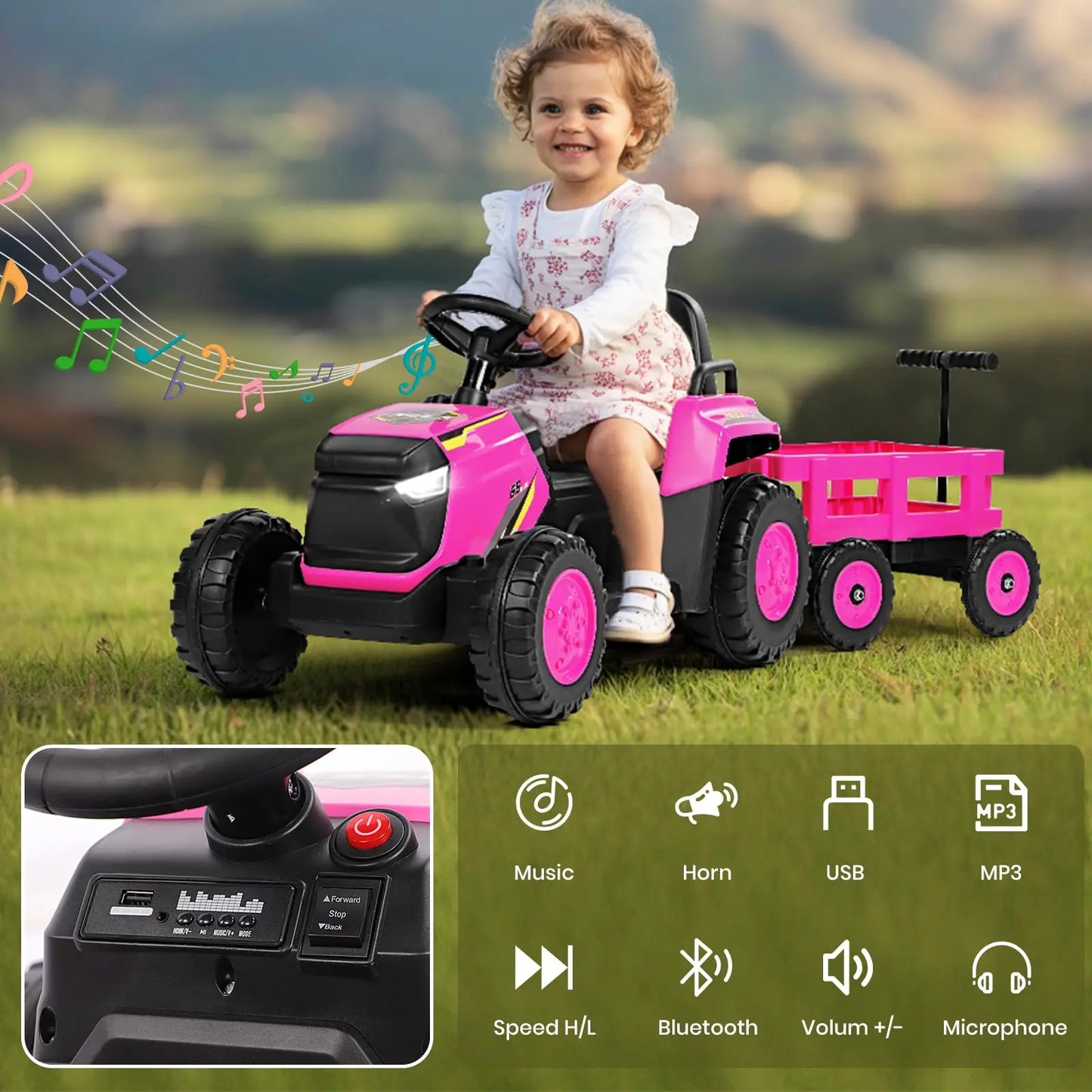 12V Kids Electric Tractor Ride-On with Detachable Trailer