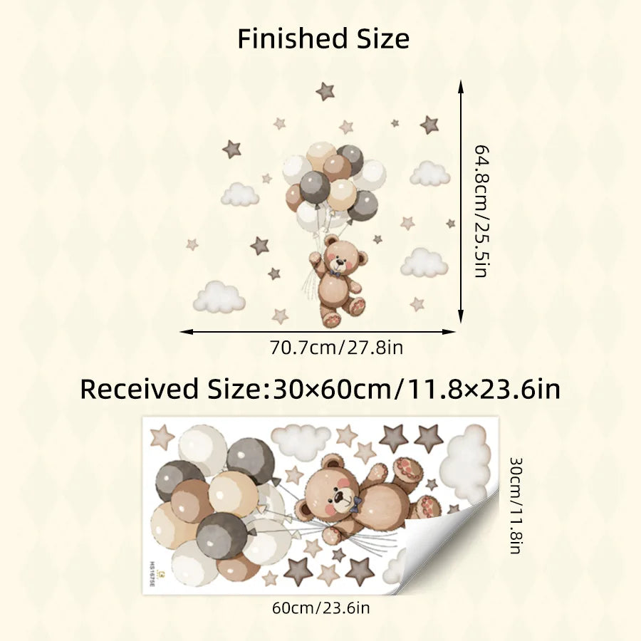 Adorable Teddy Bear Wall Decals Removable Decor With Balloons Stars & Clouds For Kids’ Bedroom Playroom Baby Nursery